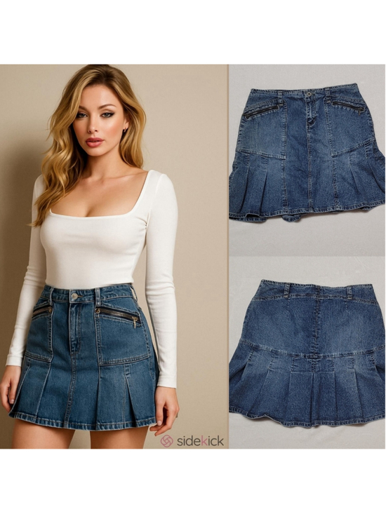 Vintage Dresses & Skirts - Vintage 90s Carolina Blues High Waist Stretchy Mid Wash Pleated Micro Mini Skirt